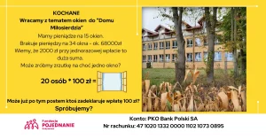 Plakat z żółtym tłem, na którym widnieje zdjęcie domu z białymi ścianami i zielonym trawnikiem. Na dole znajduje się tekst w kolorze czarnym.