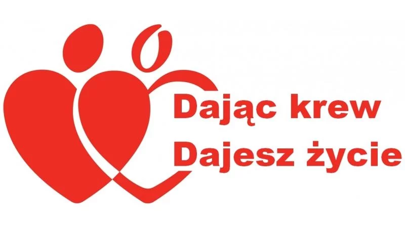 Logo Fundacji Pojednanie przedstawiające dwie osoby połączone linią i sercem, z napisem "Dając krew" oraz "Dajesz życie".