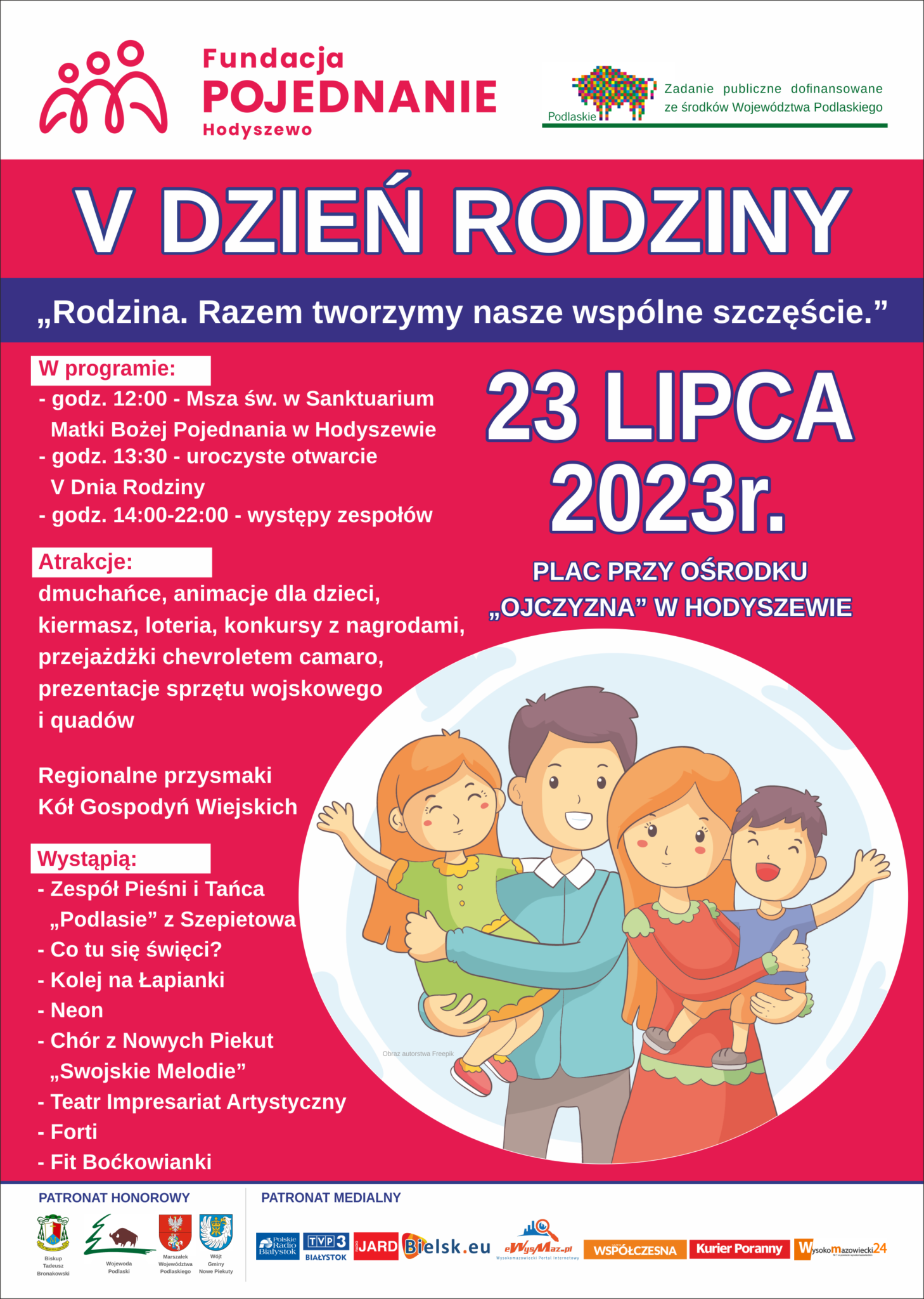 Plakat z informacjami o wydarzeniu "V Dzień Rodziny w Hodyszewie". Na obrazku widoczny jest rysunek przedstawiający dzieci w strojach nawiązujących do wojska, bawiące się. W tle napisane są informacje dotyczące programu i atrakcji wydarzenia.