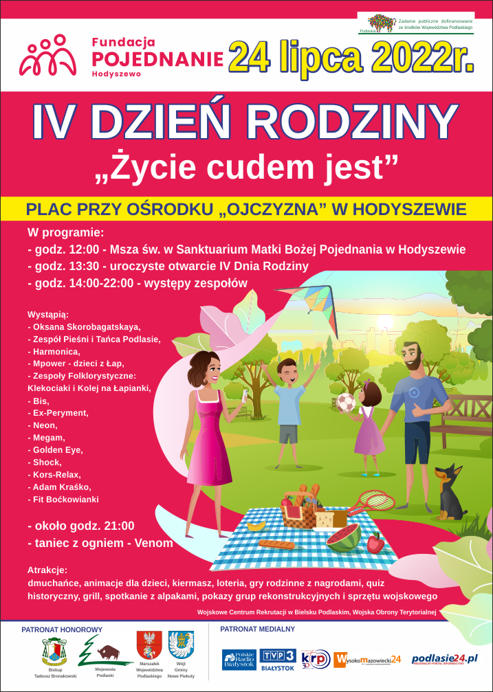 Plakat zapowiadający IV Dzień Rodziny w Hodyszewie, który odbędzie się 24 lipca 2022 roku. Na plakacie przedstawiono wydarzenie z udziałem występujących zespołów i atrakcji dla dzieci.